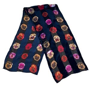 Vtg Elaine Gold Pansy Flower Blue Red Scarf 52” long